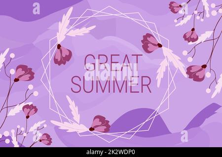 Cartello con la scritta Great Summer. Vetrina d'affari Divertimento buon sole andare in spiaggia godendo di una cornice vuota all'aperto decorata con Abstract Modernized Forms Flowers and Foliage. Foto Stock