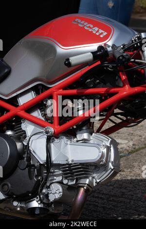 Una foto verticale di un primo piano del motore motociclistico Ducati con il logo sul serbatoio della benzina Foto Stock