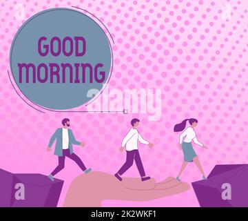 Testo che mostra Inspiration Buongiorno. Idea di business Un’espressione convenzionale durante la riunione o la separazione al mattino frecce che guidano due colleghi in collaborazione verso un piano finanziario migliore Foto Stock