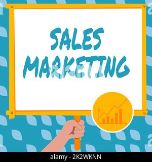 Firma che mostra il marketing di vendita. Parola scritta sull'introduzione del prodotto o del servizio per ottenere comprato la mano che tiene la scheda del pannello visualizzazione delle ultime strategie di crescita finanziaria. Foto Stock