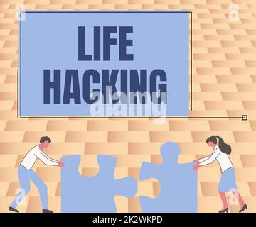 Testo che mostra ispirazione Life Hacking. Concetto di business tecniche semplici e intelligenti per realizzare facilmente il compito colleghi Conencing due pezzi Jigsaw Puzzle insieme mostrando lavoro di squadra. Foto Stock