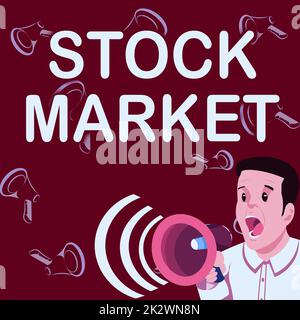 Scrittura visualizzazione testo mercato azionario. Panoramica del business mercato particolare in cui le azioni e le obbligazioni sono negoziati o exhange businessman parlare attraverso Megaphone rendendo meraviglioso nuovo annuncio Foto Stock