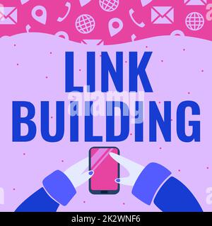 Didascalia concettuale link Building. Parola scritta su SEO Term Exchange Links acquisire Hyperlinks indicizzato mano Holding cellulare premere il pulsante di applicazione mostrando tecnologia. Foto Stock