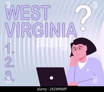 Scrittura visualizzazione testo West Virginia. Concetto che significa Stati Uniti d'America Viaggi Stato Turismo viaggio storico Hand Holding lampada con formale vestito presentando nuove idee per il progetto Foto Stock