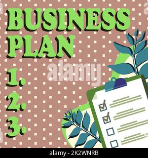 Cartello di testo che mostra il Business Plan. Foto concettuale strategia strutturale obiettivi e obiettivi proiezioni finanziarie Clipboard disegno con lista di controllo elementi selezionati nell'elenco. Foto Stock