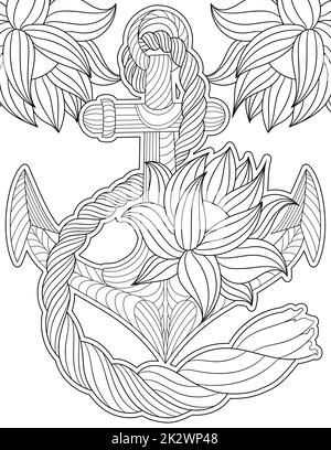 Linea vettoriale disegno ancora fiori decorati. Lineart digitale immagine nave corda decorazione floreale. Delineare la grafica di progettazione barca attrezzatura fogliame adornato. Foto Stock