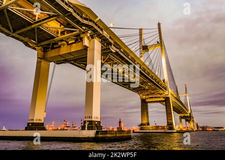 Ponte della Baia di Yokohama visibile dallo spazio verde ovest di Daikokufato Foto Stock