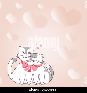 Due gatti che coccolano legati con arco e cuori sullo sfondo mostrano amore e armonia tra gli amanti. I simboli del cuore rappresentano la coppia appassionata con gli obiettivi di amore. Foto Stock
