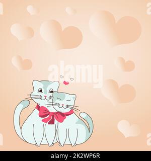 Due gatti che coccolano legati con arco e cuori sullo sfondo mostrano amore e armonia tra gli amanti. I simboli del cuore rappresentano la coppia appassionata con gli obiettivi di amore. Foto Stock