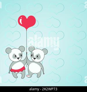 Due orsi che tengono palloncino a forma di cuore con i cuori sullo sfondo mostrano amore e armonia. Teddy Bear rappresenta una coppia appassionata con obiettivi d'amore. Foto Stock