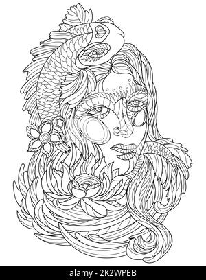 Linea vettoriale disegno ragazza fiore corona capelli fioriti. Digital lineart image donna floreale mare decorazione acconciatura. Delineare il disegno della signora fogliame adornato testa. Foto Stock