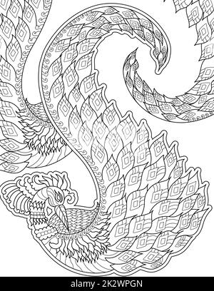 Disegno vettoriale linea pavone dettaglio modello concetto di coda flowy. Digital lineart image elaborato peaftered. Delineare il disegno dell'illustrazione animale modellato. Foto Stock