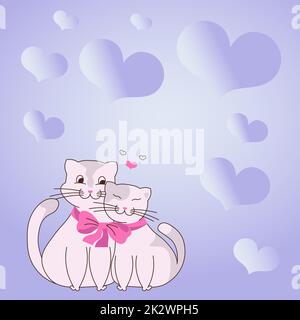 Due gatti che coccolano legati con arco e cuori sullo sfondo mostrano amore e armonia tra gli amanti. I simboli del cuore rappresentano la coppia appassionata con gli obiettivi di amore. Foto Stock