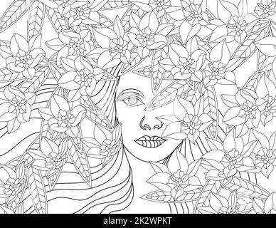 Linea vettoriale disegno ragazza fiore corona capelli fioriti. Digital lineart image donna decorazione floreale acconciatura. Delineare il disegno della signora fogliame adornato testa. Foto Stock