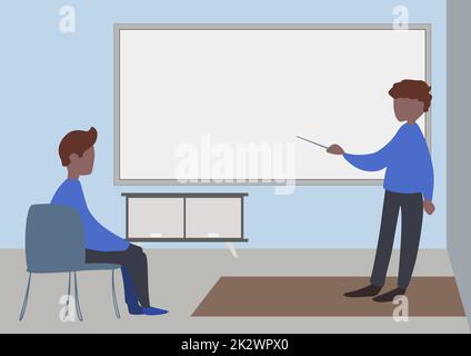 Illustrazione di Un insegnante e di uno studente che hanno una lezione privata all'interno Di una classe. Istruttore di disegno Mentoring il suo allievo che discute nuove lezioni stupefacenti. Foto Stock