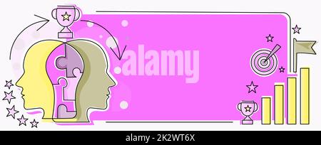 Due teste connesse con Puzzle mostrando risolvere problemi e condividere successo. Brains Connected Resolving Ideas raggiungere risultati raggiunti Foto Stock