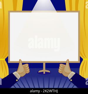 Mani in alto Thumbs mostrando nuove idee. Nota di trasporto delle palme che presenta i piani più recenti. Arms Hold Poster visualizzazione di un annuncio recente. Foto Stock