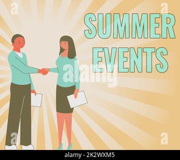 Didascalia concettuale Eventi estivi. Parola scritta su Celebration Eventi che si svolge durante l'estate Partner scuotere la firma del contratto sbloccare nuove idee e opportunità Foto Stock