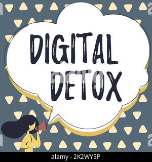 Segnale con detox digitale. Business Concept Free of Electronic Devices Disconnetti per riconnettere Unplugged Donna parlare attraverso Megaphone fare annuncio con Speech Bubble. Foto Stock