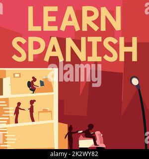 Testo che mostra ispirazione Impara lo spagnolo. Business showcase traduzione Lingua in Spagna Vocabolario dialetto Ufficio di sintesi edificio con grattacieli disegno che mostra lo skyline della città. Foto Stock