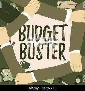 Scrittura a mano del testo Budget Buster. Concetto che significa affari di spesa Carefree acquisti inutili overspending quattro mani che disegnano insieme braccio di supporto mostrando simbolo di connessione. Foto Stock