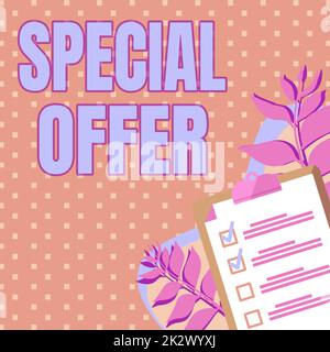 Offerta speciale per la visualizzazione concettuale. Panoramica commerciale Vendere a un prezzo più basso o scontato affare con Freebies Clipboard disegno con Checklist contrassegnati Done ITEMS on List. Foto Stock