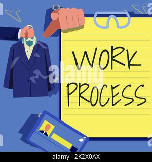 Scrittura processo di lavoro di visualizzazione del testo. Concetto di business procedure standard come gestire un particolare sistema di regole del lavoro mani uniforme Holding mostrando nuove opportunità di carriera aperta. Foto Stock