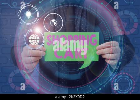 Didascalia di testo che presenta il carrello della spesa. Business idea Case Trolley trasporto di generi alimentari e Merchandise uomo d'affari in tuta di supporto carta che rappresenta il pensiero innovativo. Foto Stock