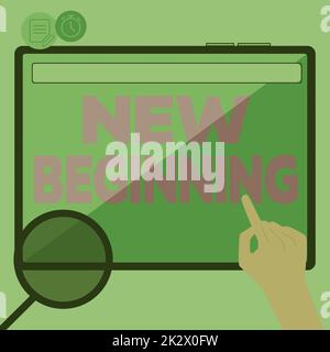 Segno che mostra nuovo inizio. Parola scritta su Carriera diversa o impresa ricominciare Startup Rinnova mano utilizzando Big Tablet Ricerca piani per nuove idee sorprendenti Foto Stock