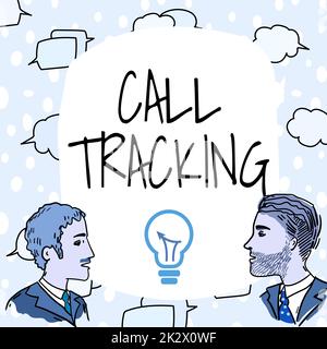 Didascalia di testo che presenta il tracciamento delle chiamate. Panoramica aziendale motore di ricerca organico Pubblicità digitale indicatore di conversione membri del team che guardano a Whiteboard Brainstorming nuove soluzioni. Foto Stock