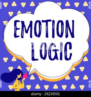 Ispirazione mostrando segno emotion Logic. Concetto che significa cuore o anima del cervello o confusione dell'intelligenza equilibrio uguale Donna che parla con Megaphone che fa l'annuncio con la bolla di discorso. Foto Stock