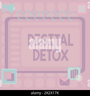 Didascalia concettuale Digital Detox. Approccio aziendale senza dispositivi elettronici scollegare per ricollegare il notebook vuoto a spirale aperto scollegato con una calcolatrice e una penna sul tavolo. Foto Stock