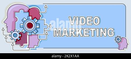 Didascalia di testo che presenta Video Marketing. Concetto di Internet creare brevi video su argomenti specifici utilizzando articoli teste multiple con COG che mostrano idee tecnologiche. Foto Stock