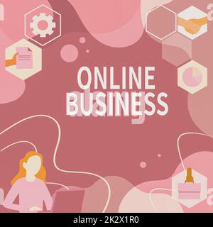 Visualizzazione concettuale Online Business. Concetto che significa transazione commerciale condividere informazioni in internet Donna pensiero innovativo idee leader verso un futuro stabile. Foto Stock