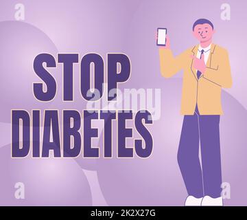 Ispirazione che mostra il segno Stop Diabetes. Business Approach Blood Sugar Level è superiore al normale Inject Insulin Man Holding schermo del telefono cellulare che mostra la tecnologia futuristica. Foto Stock