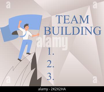 Visualizzazione concettuale Team Building. Approccio aziendale tipi di attività utilizzati per migliorare le relazioni sociali uomo su Una montagna disegno orgoglioso del suo successo Climbing alle nuvole. Foto Stock