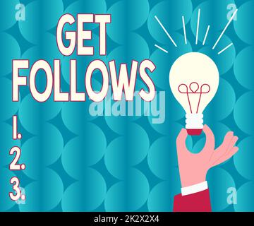 La didascalia di testo che presenta ottiene segue. Vetrina di affari persona che imita copie o prende come modello persona ideale mano lampada di tenuta con formale vestito che presenta nuove idee per il progetto Foto Stock