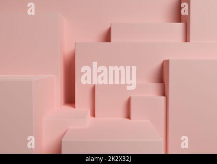 Pastello, rosso chiaro, rosa salmone 3D rendering del prodotto podio o stand semplice, minimo, astratto, asimmetrico sfondo o carta da parati per la fotografia di prodotto o pubblicità silhouette città Foto Stock
