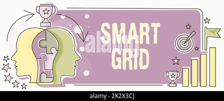 Ispirazione che mostra il segno Smart Grid. La foto concettuale include misure operative ed energetiche, tra cui i contatori Two Heads Connected Puzzle che mostrano come risolvere i problemi e condividere il successo Foto Stock