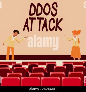 Firma scritta a mano attacco DDoS. L'autore di idea di affari cerca di rendere le risorse di rete non disponibili colleghi maschili e femminili che fanno la presentazione sul palco con i gesti delle mani. Foto Stock