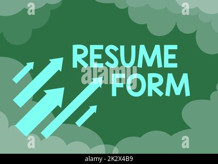 Testo scritto a mano modulo Resume. Parola per descrivere gli elementi di layout che appaiono nelle frecce scritte del documento che si muovono rapidamente verso il cielo circondato da nuvole che raggiungono gli obiettivi Foto Stock