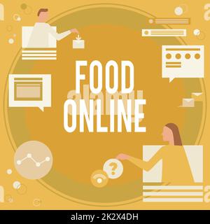 Scrittura a mano di testo Food Online. Parola scritta sulla richiesta di qualcosa da mangiare utilizzando app per telefono o sito web colleghi che hanno Online Meeting discutere futuri piani di progetto. Foto Stock