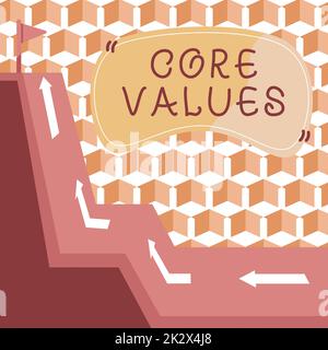 Segno che visualizza i valori principali. La persona o l'organizzazione di credenza della foto concettuale come essendo importanza disegno della gamma della montagna con la strada che conduce alla bandiera sollevata alla parte superiore. Foto Stock