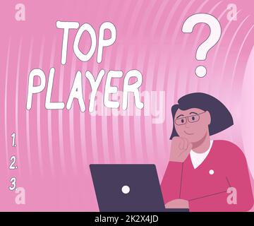 Scrittura con visualizzazione del testo Top Player. Parola scritta su essere il migliore in giochi sportivi come il calcio o elettronici Lady disegno Brainstorming nuove soluzioni circondate da punti di domanda Foto Stock