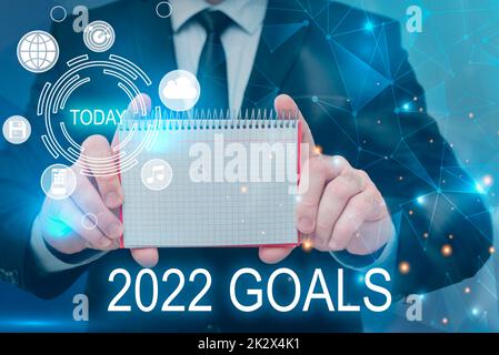 Scrittura visualizzazione testo 2022 Goals. Parola scritta su Un piano per fare qualcosa di nuovo e meglio per il prossimo anno uomo d'affari in tuta tenendo il blocco note simbolizzando il lavoro di squadra di successo. Foto Stock