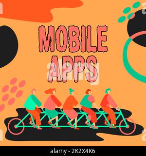Testo che mostra le app Inspiration Mobile. Word per piccoli programmi sono fatti per funzionare su telefoni come l'app store o app store colleghi Riding Bicycle che rappresentano il lavoro di squadra risolvendo correttamente i problemi. Foto Stock