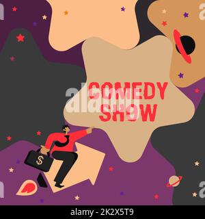Scrittura a mano segno Comedy Show. Concettuale foto divertente programma divertente divertente medium di intrattenimento Gentleman puntando la stella del dito che rappresenta il successo finanziario. Foto Stock