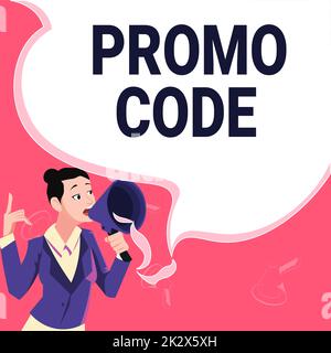 Codice promozionale per la scrittura a mano del testo. Approccio aziendale numeri digitali che ti danno un buon sconto su alcuni prodotti leader femminile in possesso di un megafono che esprime idee incoraggianti. Foto Stock