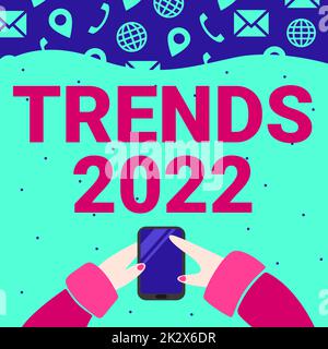 Didascalia di testo che presenta i trend 2022. Concetto del Internet l'anno imminente tendenza prevalente ampiamente discusso mano in linea che tiene il telefono mobile che preme il tasto dell'applicazione che mostra la tecnologia. Foto Stock