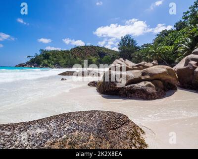 Seychelles , Praslin - Spiaggia dell'Anse Goeorgette Foto Stock